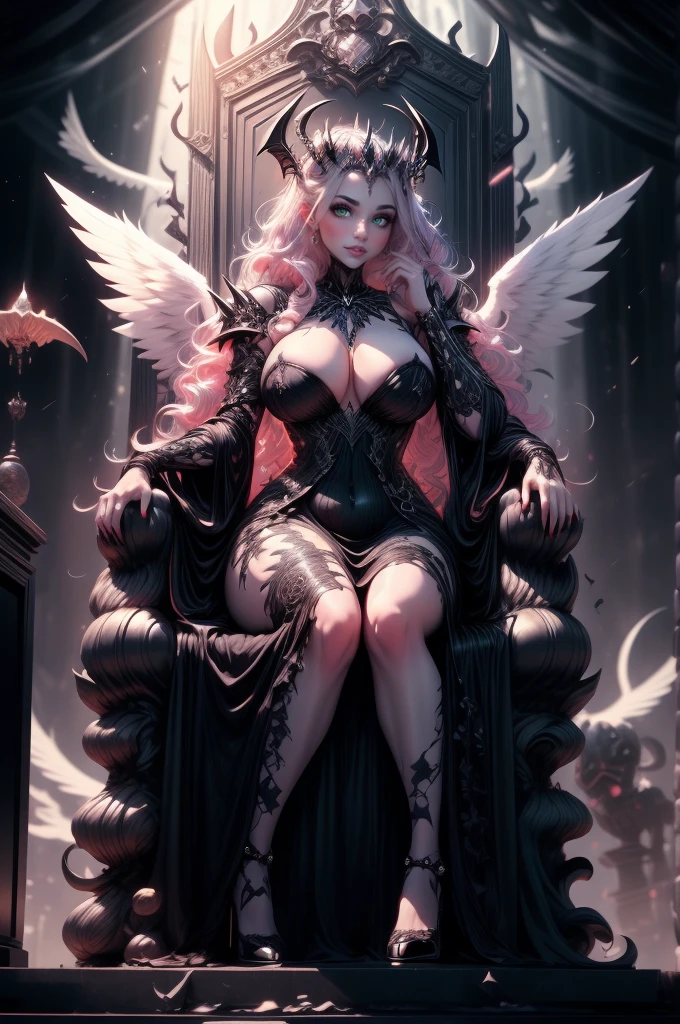 NUDE woman sitting on a throne with a black dress and black wings, sitting on her throne,NUDE BREASTS, HUGE BREASTS, THICK BODY,, beautiful elegant demon queen, queen of the underworld, sitting on intricate throne, goddess of the underworld, dark goth queen, sitting on obsidian throne, sitting on a throne, scary queen of death, ((a beautiful fantasy empress))