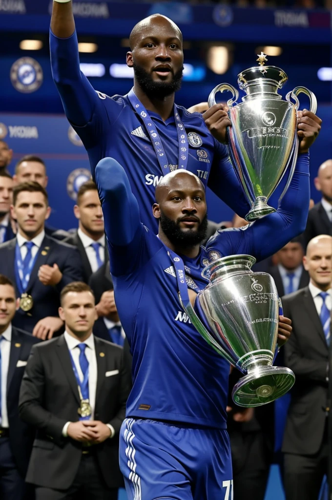 Bald Lukaku at Chelsea lifting the Champions League trophy 