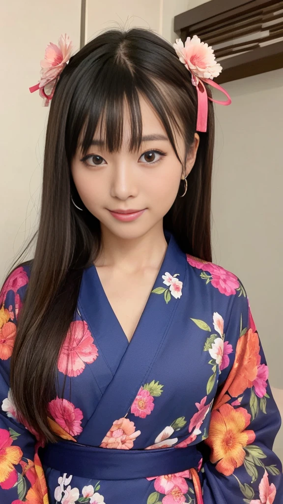 1girl solo、outside of house、cute japanese model girl、Kimono、Tiger handle、hair adornments、look at the viewer and lower your hair、Brown-eyed、bangss、​masterpiece、top-quality、realisitic、a smile