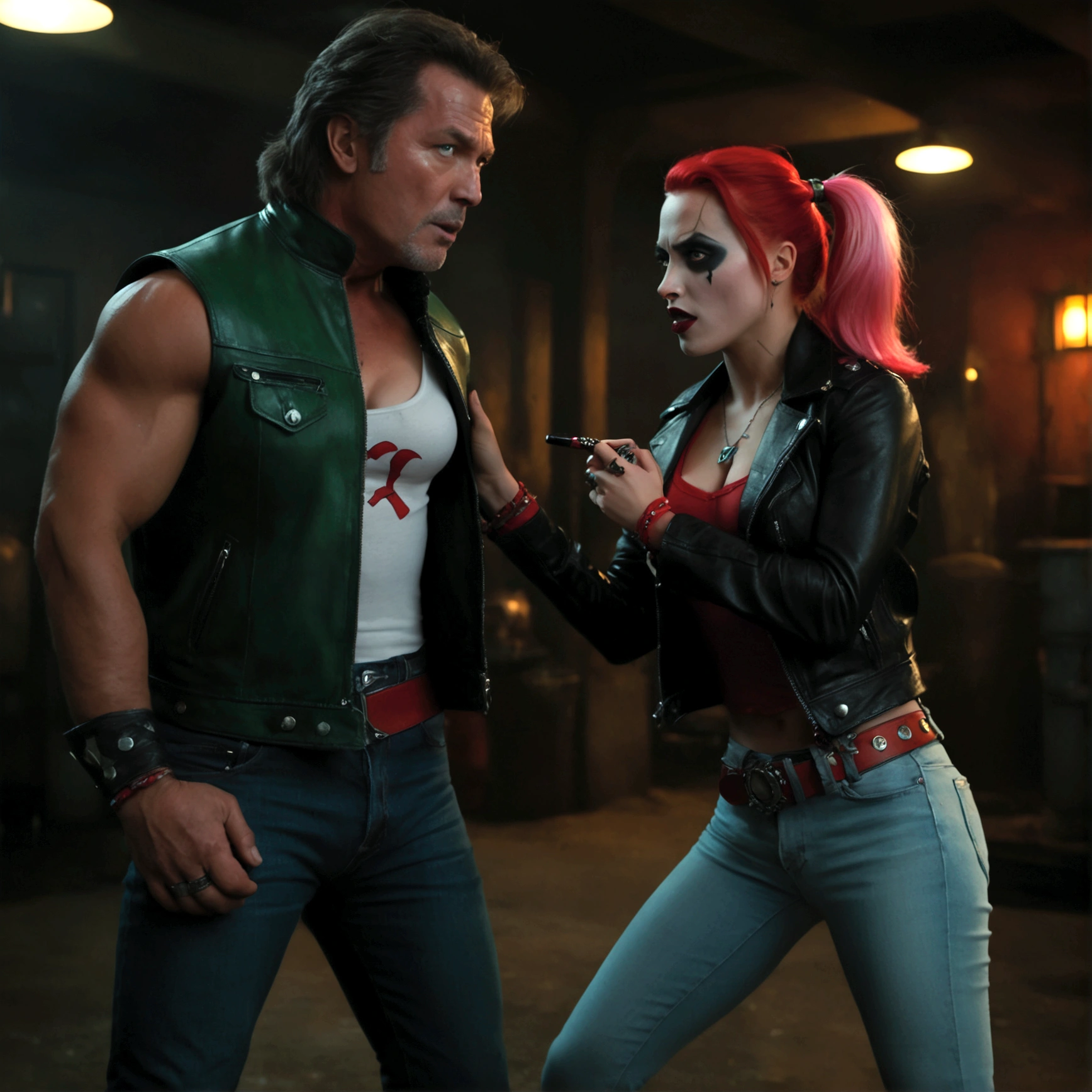 a muscular man with a gruff expression, wearing a leather jacket and jeans (Big Trouble in Little China movies Jack Burton), scolding a woman with vibrant green hair, red and black makeup, and a red and black costume (DC comics Harley Quinn), in a dark and gritty underground lair with high-tech equipment and machinery, dramatic lighting, cinematic angle, (best quality,4k,8k,highres,masterpiece:1.2),ultra-detailed,(realistic,photorealistic,photo-realistic:1.37),chiaroscuro lighting,moody atmosphere,dramatic composition,highly detailed background