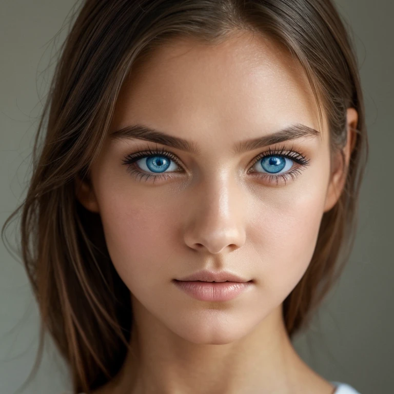 The image features a close-up portrait of a young woman with striking blue eyes. Her gaze is direct and engaging, and she has a gentle expression. Her hair is styled in a way that frames her face, and she appears to be wearing subtle makeup that enhances her natural beauty. The background is a simple, solid color, which helps to draw attention to her features. The lighting is soft and even, highlighting her skin tone and the details of her facial features. The overall composition of the image suggests a focus on capturing the essence of the subject's beauty and the intensity of her gaze.