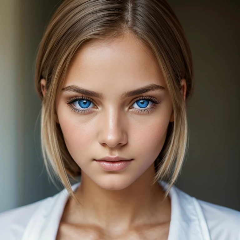 The image features a close-up portrait of a young woman with striking blue eyes. Her gaze is direct and engaging, and she has a gentle expression. Her hair is styled in a way that frames her face, and she appears to be wearing subtle makeup that enhances her natural beauty. The background is a simple, solid color, which helps to draw attention to her features. The lighting is soft and even, highlighting her skin tone and the details of her facial features. The overall composition of the image suggests a focus on capturing the essence of the subject's beauty and the intensity of her gaze.