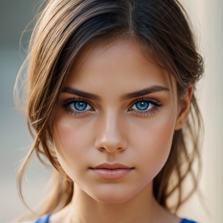 The image features a close-up portrait of a young woman with striking blue eyes. Her gaze is direct and engaging, and she has a gentle expression. Her hair is styled in a way that frames her face, and she appears to be wearing subtle makeup that enhances her natural beauty. The background is a simple, solid color, which helps to draw attention to her features. The lighting is soft and even, highlighting her skin tone and the details of her facial features. The overall composition of the image suggests a focus on capturing the essence of the subject's beauty and the intensity of her gaze.