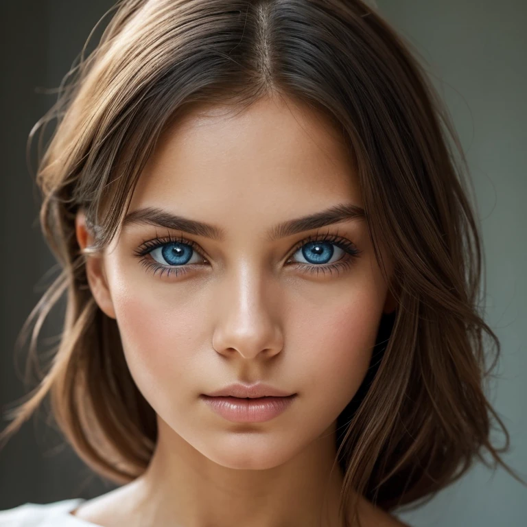 The image features a close-up portrait of a young woman with striking blue eyes. Her gaze is direct and engaging, and she has a gentle expression. Her hair is styled in a way that frames her face, and she appears to be wearing subtle makeup that enhances her natural beauty. The background is a simple, solid color, which helps to draw attention to her features. The lighting is soft and even, highlighting her skin tone and the details of her facial features. The overall composition of the image suggests a focus on capturing the essence of the subject's beauty and the intensity of her gaze.