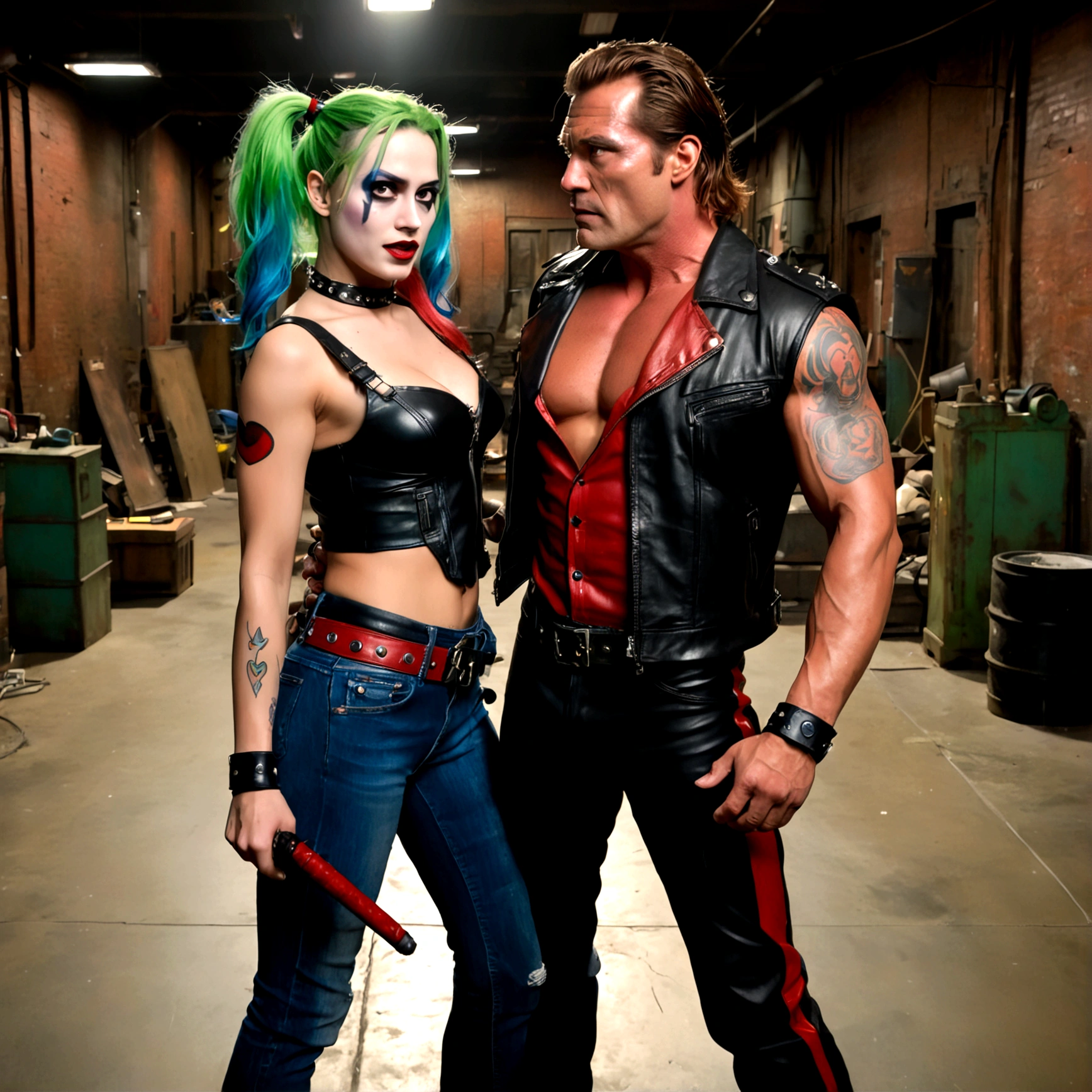 a muscular man with a gruff expression, wearing a leather jacket and jeans (Big Trouble in Little China movies Jack Burton), scolding a woman with vibrant green hair, red and black makeup, and a red and black costume (DC comics Harley Quinn), in a dark and gritty underground lair with high-tech equipment and machinery, dramatic lighting, cinematic angle, (best quality,4k,8k,highres,masterpiece:1.2),ultra-detailed,(realistic,photorealistic,photo-realistic:1.37),chiaroscuro lighting,moody atmosphere,dramatic composition,highly detailed background
