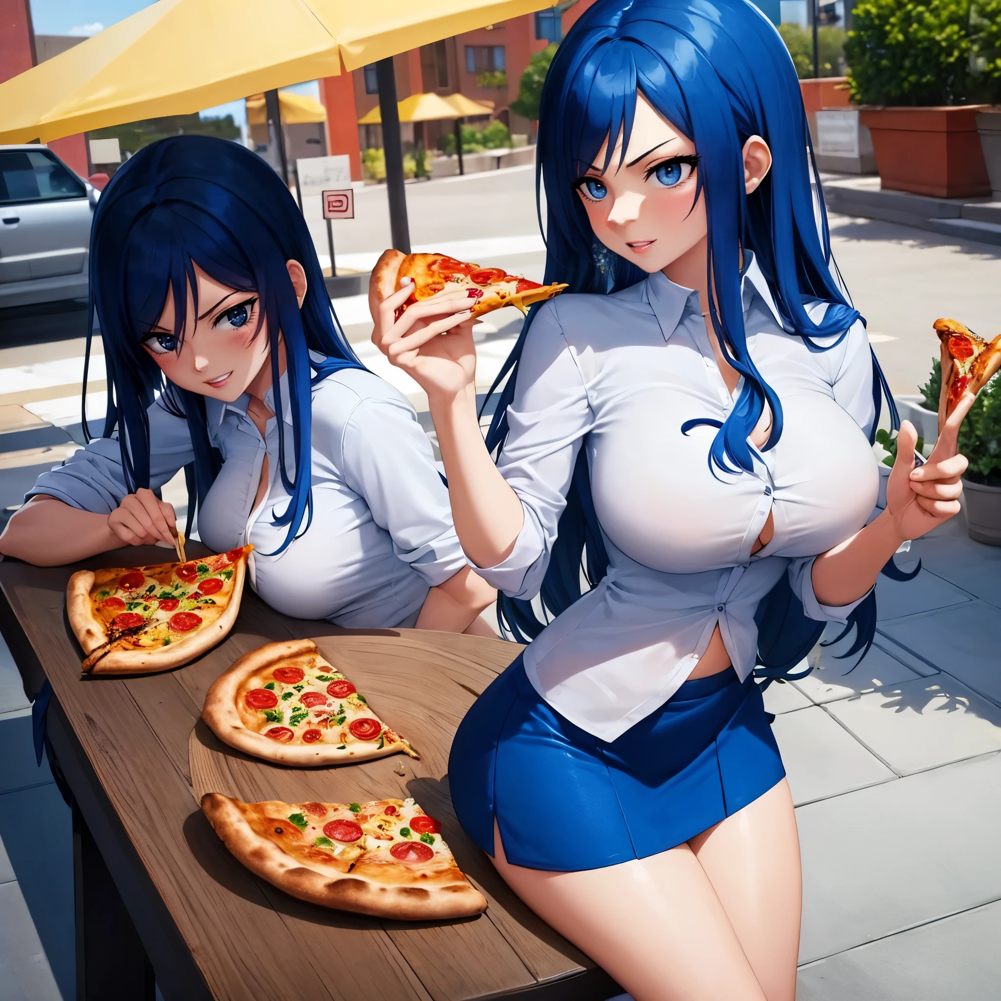 Your influencer character(sexy milf boobs) with long, blue hair sitting on a restaurant eating pizza. She is dressed in short skirt. and has a lovely expression on her face. colourful and bright colouring. 