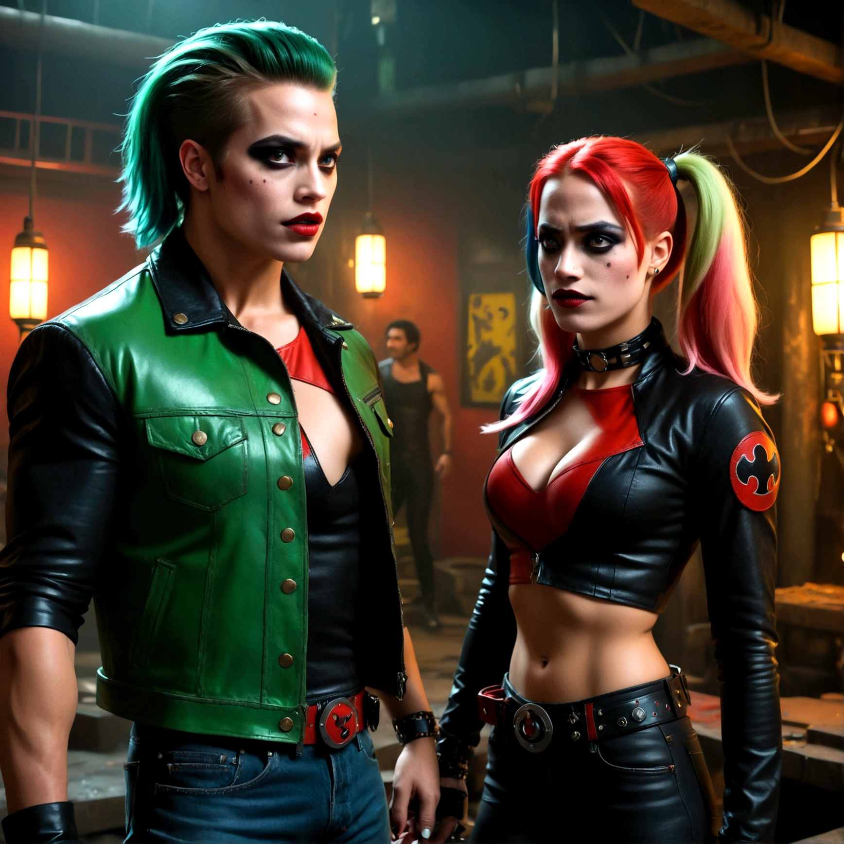 a muscular man with a gruff expression, wearing a leather jacket and jeans (Big Trouble in Little China movies Jack Burton), scolding a woman with vibrant green hair, red and black makeup, and a red and black costume (DC comics Harley Quinn), in a dark and gritty underground lair with high-tech equipment and machinery, dramatic lighting, cinematic angle, (best quality,4k,8k,highres,masterpiece:1.2),ultra-detailed,(realistic,photorealistic,photo-realistic:1.37),chiaroscuro lighting,moody atmosphere,dramatic composition,highly detailed background