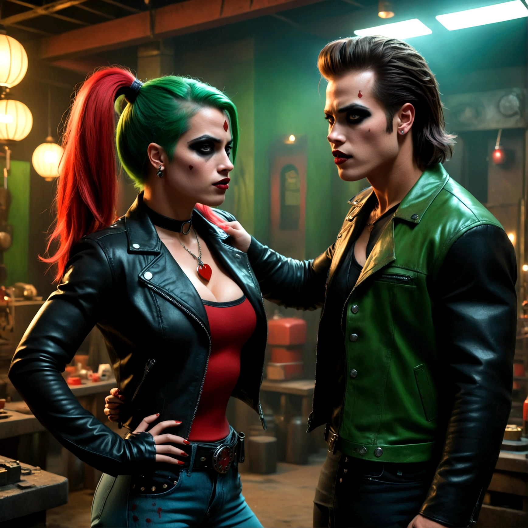 a muscular man with a gruff expression, wearing a leather jacket and jeans (Big Trouble in Little China movies Jack Burton), scolding a woman with vibrant green hair, red and black makeup, and a red and black costume (DC comics Harley Quinn), in a dark and gritty underground lair with high-tech equipment and machinery, dramatic lighting, cinematic angle, (best quality,4k,8k,highres,masterpiece:1.2),ultra-detailed,(realistic,photorealistic,photo-realistic:1.37),chiaroscuro lighting,moody atmosphere,dramatic composition,highly detailed background