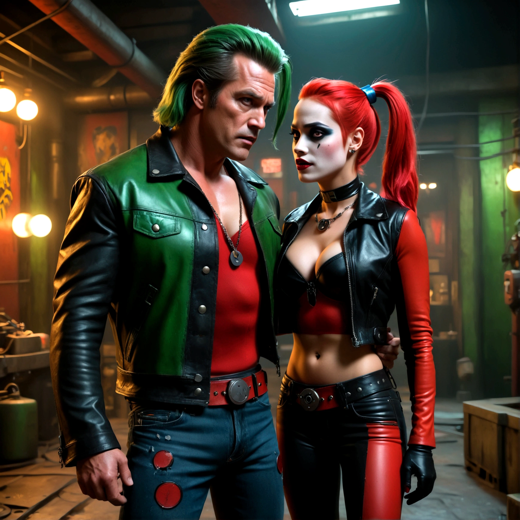 a muscular man with a gruff expression, wearing a leather jacket and jeans (Big Trouble in Little China movies Jack Burton), scolding a woman with vibrant green hair, red and black makeup, and a red and black costume (DC comics Harley Quinn), in a dark and gritty underground lair with high-tech equipment and machinery, dramatic lighting, cinematic angle, (best quality,4k,8k,highres,masterpiece:1.2),ultra-detailed,(realistic,photorealistic,photo-realistic:1.37),chiaroscuro lighting,moody atmosphere,dramatic composition,highly detailed background
