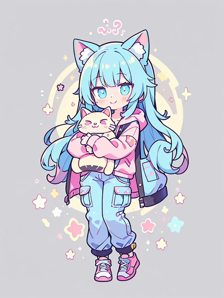 ((Highest quality,masterpiece,Extremely complex and exquisite details,A short girl with gray and blue cat ears and long hair is in the center,Gray blue super long straight hair,Curly hair at the ends,Sparse air bangs,Gray and pink T-shirt,Denim hooded cropped jacket,Black and gray long cargo pants,hands holding a cat)),(pink and white sneakers,Smile slightly,Surrounded by tons of cute short-legged cats,Correct anatomy),Super Q super cute short full body portrait,Starry sky background vertical painting space scene