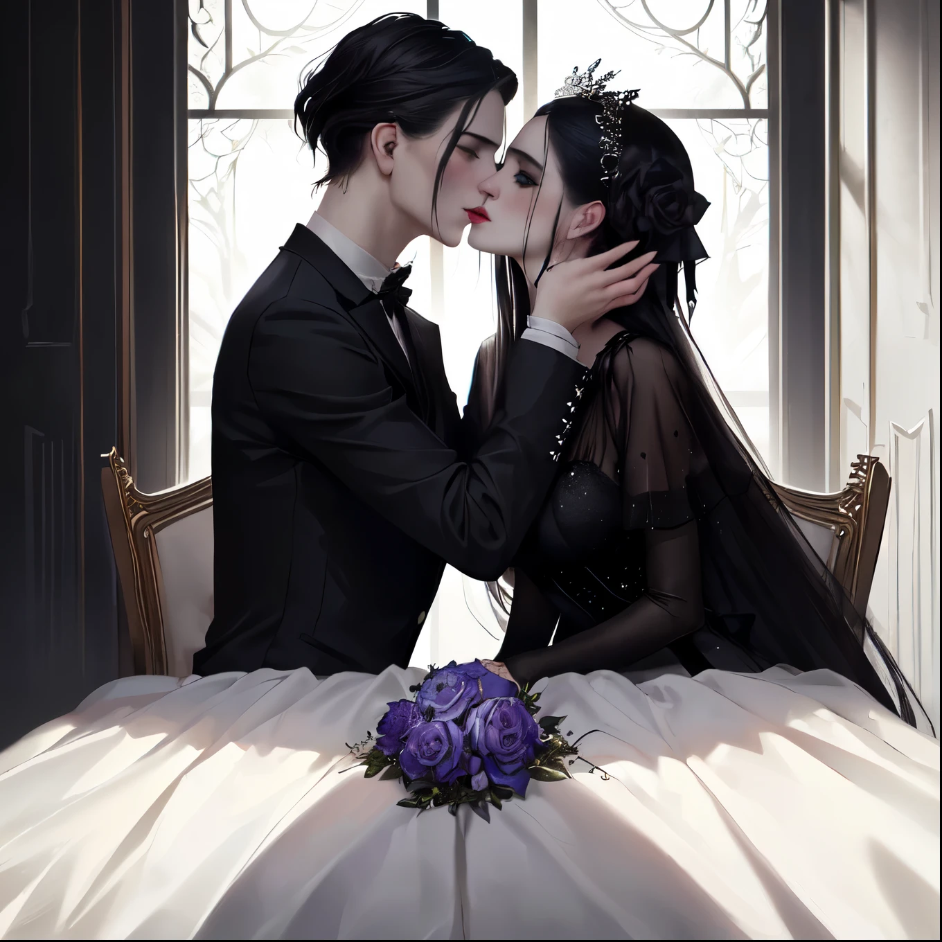 araffes a man and a woman kissing at a table, by Emma Andijewska, yelena belova, lovely couple, anastasia ovchinnikova, olga buzova, ava max, by Zofia Stryjenska, kissing together cutely, maxim shirkov, viktoria gavrilenko, dasha taran, profile pic, passionate kiss,rwin olaf, dark surreal art, surreal dark art, surreal dark otherworldly mood, dark surrealism, surreal dark fantasy, natalie shau tom bagshaw, steven klein, surreal avant-garde style, yuri shwedoff and tom bagshaw, dark surrealist, man , male goth , kiss