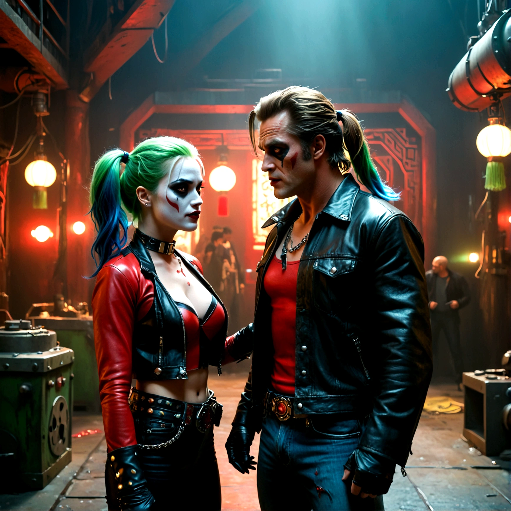 a muscular man with a gruff expression, wearing a leather jacket and jeans (Big Trouble in Little China movies Jack Burton), scolding a woman with vibrant green hair, red and black makeup, and a red and black costume (DC comics Harley Quinn), in a dark and gritty underground lair with high-tech equipment and machinery, dramatic lighting, cinematic angle, (best quality,4k,8k,highres,masterpiece:1.2),ultra-detailed,(realistic,photorealistic,photo-realistic:1.37),chiaroscuro lighting,moody atmosphere,dramatic composition,highly detailed background
