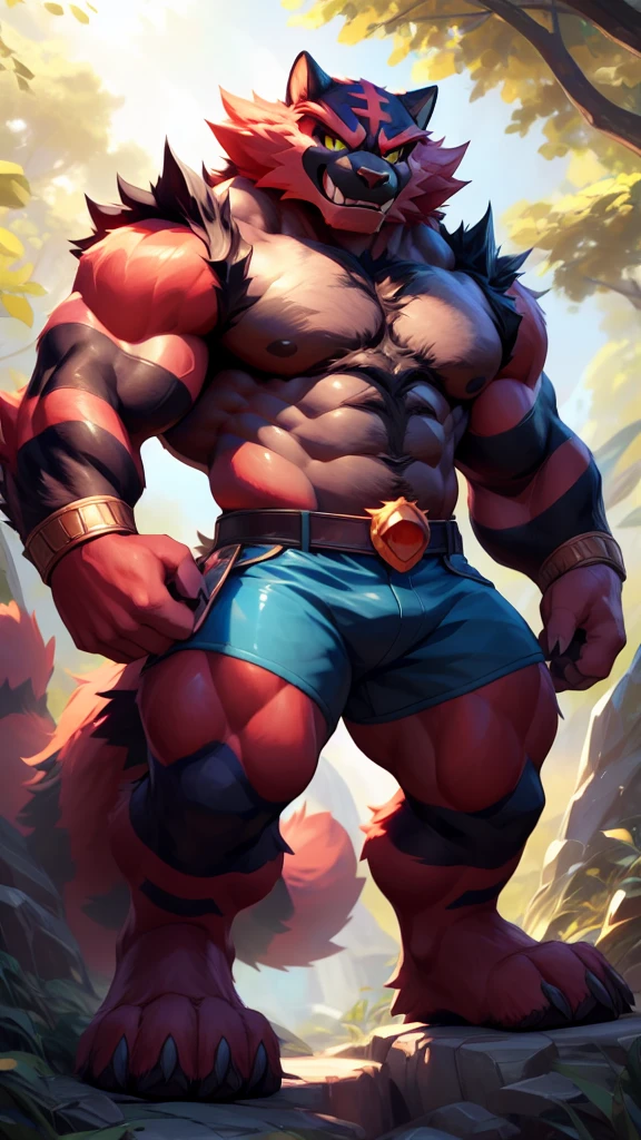 Huge anthropomorphic Incineroar, Pokemon, ((highly detailed body)), hairy body, muscular chest, muscular arms, wild paws with claws, (thick thighs), (wide thighs), muscular thigh, large legs, ((highly detailed face)), ((highly detailed eyes)), ((perfectly designed and drawn eyes and pupils)), huge furry tail, (detailed tail), huge furry body, large male body, defined abdomen, large paws, (thick paws), furry paws, huge paws, animal focus, Furry, standing, (larger lower body), strong lower body, ((masterpiece)), ((by null-ghost, by racoon21)), ((4K resolution)), ((high quality, high resolution, 8k had)), highly detailed image, vision full body, wearing blue shorts, very bright natural light, outdoor scene