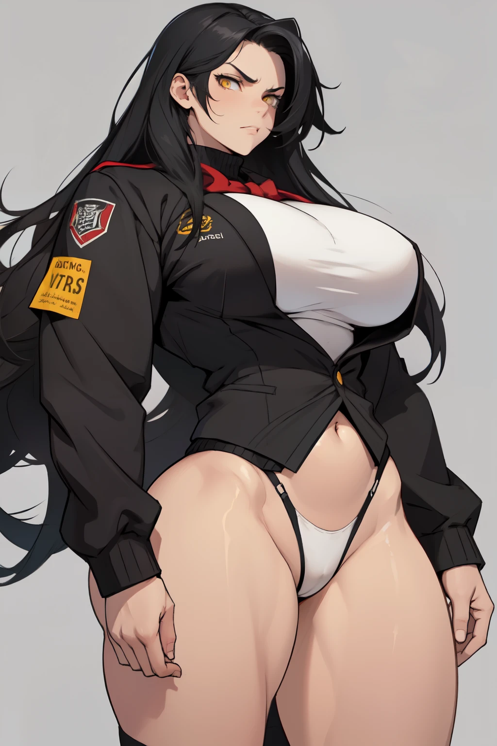 grey background 1girl black hair yellow eyes very long hair pale skin angry bodybuilder huge breasts muscular toned body curvy wide hips thick thighs (school uniform)