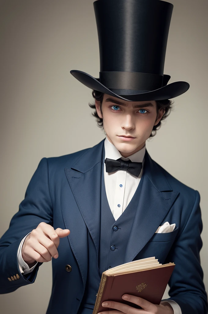 Blue-eyed period man with top hat and a book in his hand