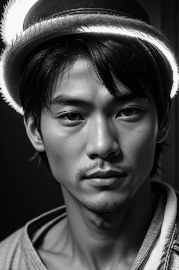Male model,Asian people,Close up photography,Rembrandt light,black andwhite,8K,