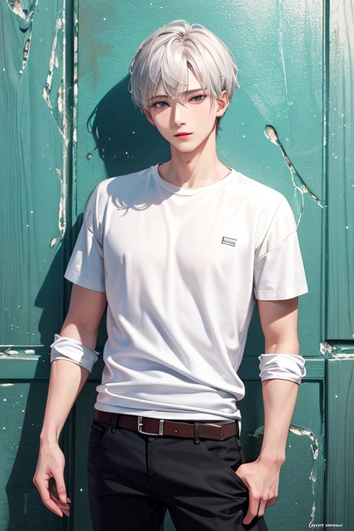 ((best quality)), ((masterpiece)), (detailed), 1boy with olive skin, silver white hair and sapphire blue eyes(in casual clothing)
