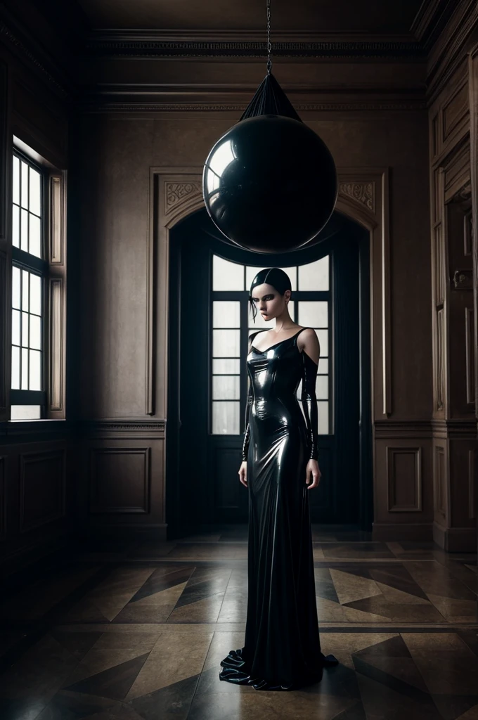 there is a man titan in a latex black dress standing in a room with a large ball over head, erwin olaf, dark surreal art, surreal dark art, surreal dark otherworldly mood, dark surrealism, surreal dark fantasy, natalie shau tom bagshaw, steven klein, surreal avant-garde style, yuri shwedoff and tom bagshaw, dark surrealist