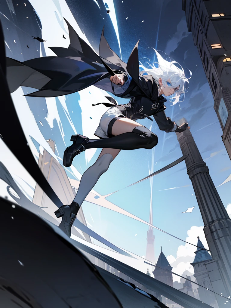 Modern style, A young male with long snow-white hair, blue eyes, and fair skin, wearing a black hood, black thigh-high shorts, white socks that go past the ankles, and black shoes with white laces, Modern city, night, dark alley, black cat, crows snatching food