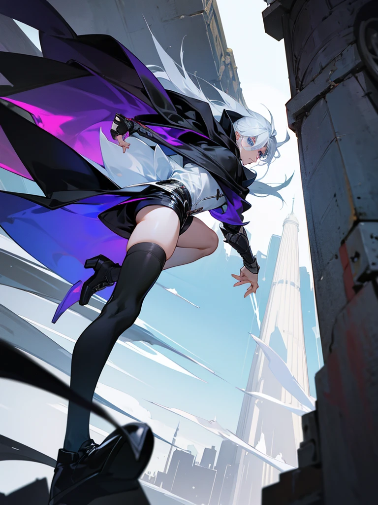 Modern style, A young male with long snow-white hair, blue eyes, and fair skin, wearing a black hood, black thigh-high shorts, white socks that go past the ankles, and black shoes with white laces, Modern city, night, dark alley, black cat, crows snatching food