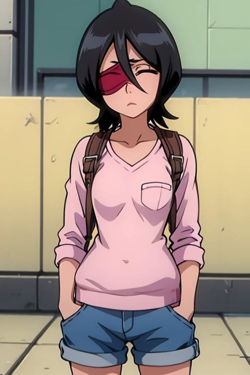 girl in short pants, wearing oven mittens tucked in pockets, blindfold