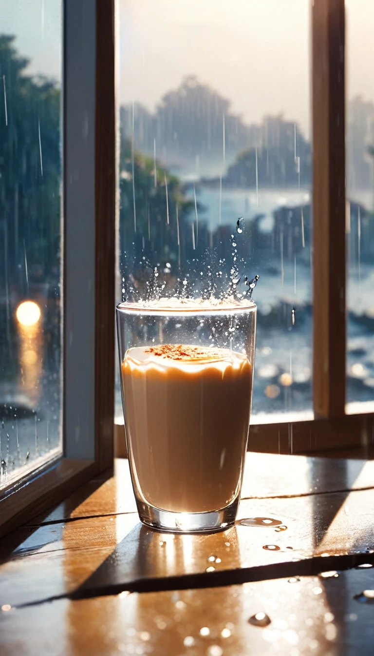 A beautiful seascape picture outside the window，Beautiful coastline，live action style，With romantic aesthetics，Beautiful light and shadow of afternoon sun，Natural Elements，The whole glass window is covered with rain .The fog is so thick that you can’t see the actual scene.Bokeh background outside window.No window frames .Close-up of partial rain on glass.Don’t have a real image in the background.Just a rough bokeh effect.You can feel the raindrops flowing on the glass。Rain slides across the glass，Blurred the outside scene，Only the beauty of bokeh is left。This picture makes people feel peaceful、comfortable，It’s like being in a small world sheltered from the wind and rain。Log window sill inside window(No water)A cup of steaming latte coffee.Poetic and romantic picture