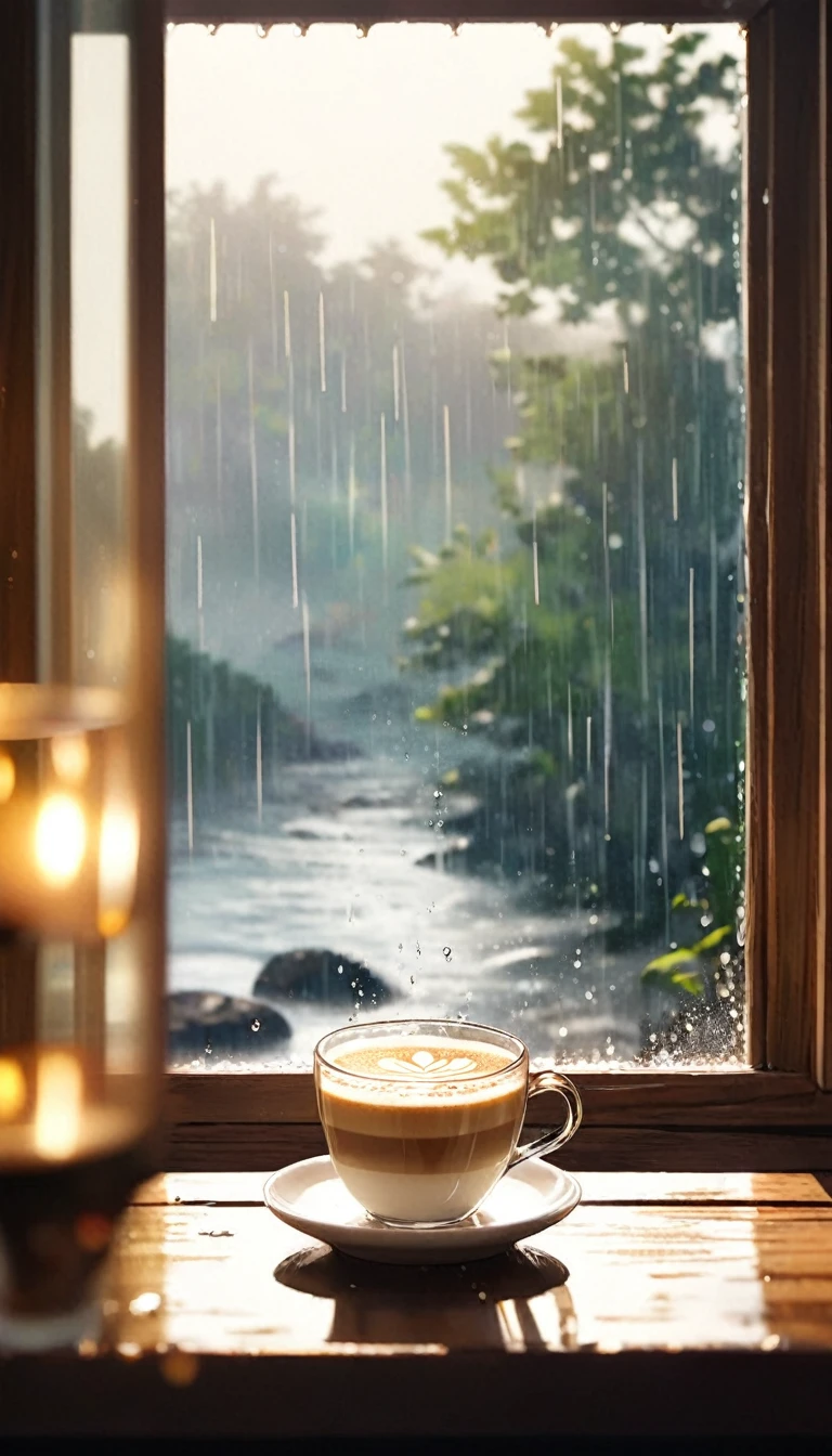 A beautiful seascape picture outside the window，Beautiful coastline，live action style，With romantic aesthetics，Beautiful light and shadow of afternoon sun，Natural Elements，The whole glass window is covered with rain .The fog is so thick that you can’t see the actual scene.Bokeh background outside window.No window frames .Close-up of partial rain on glass.Don’t have a real image in the background.Just a rough bokeh effect.You can feel the raindrops flowing on the glass。Rain slides across the glass，Blurred the outside scene，Only the beauty of bokeh is left。This picture makes people feel peaceful、comfortable，It’s like being in a small world sheltered from the wind and rain。Log window sill inside window(No water)A cup of steaming latte coffee.Poetic and romantic picture