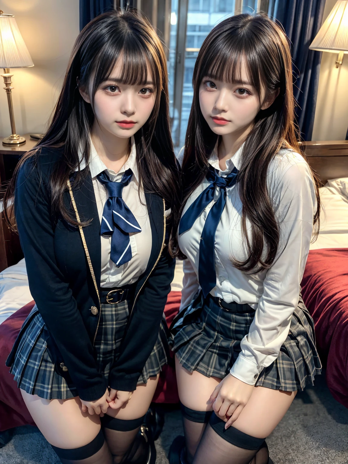 (8K, Raw photography, top-quality, masterpiece:1.2), master piece, best quality, illustration, Super detailed, fine details, High resolution, 8K,wall paper, perfect dynamic composition,(Details High quality, realistic depiction of eyes:1.3), ((2 girls, 2 schoolgirls)), The background is a luxury hotel room、High school girl uniform、blazer 、Super Short Check Uniform Skirt、Navy blue high socks、garterbelts、Colossal tits、Disturbed uniform, Play with each other,Touching each other's bodies,Touching the body of the girl next door, short bob hair, black hair color, huge breasts, Big Natural Color Lip, bold sexy pose, (perfect body shape), crying a little、cold gaze, Beautiful makeup,glitter makeup,Cutest 18 years old, beautiful legs, hposing Gravure Idol, Voluptuous thighs