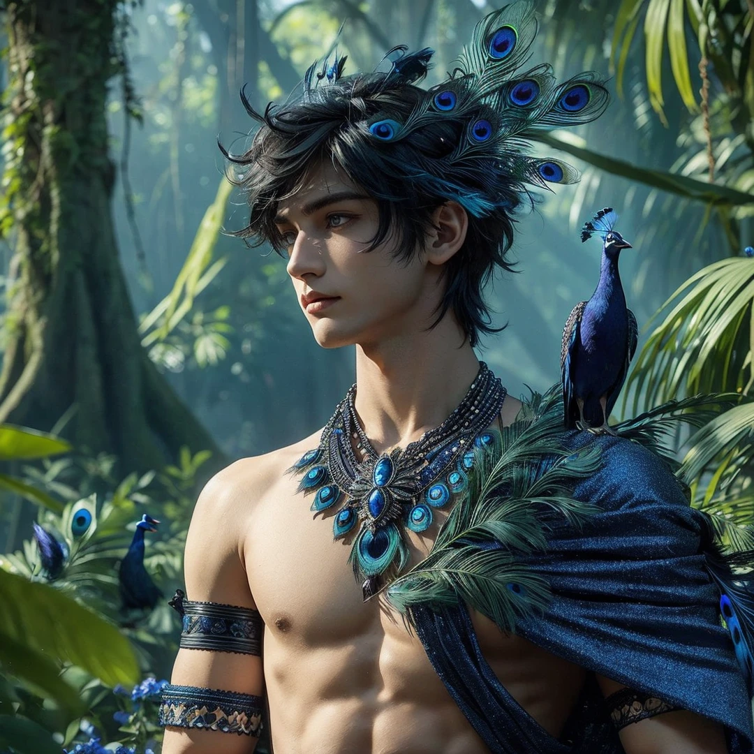 Handsome boy, black hair, dark blue eyes, dark blue peacock feather crown, dark blue feather peacock necklace, dark blue clothes, dark blue peacock