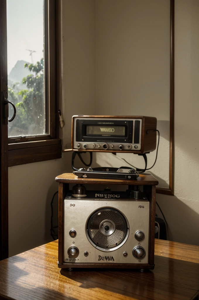 An old school radio from the past, sitting on a wooden table, with a cup of coffee and a cassette cover of the band Dewa 19, a window in the background and the feel of the past, looks aesthetically realistic and real

