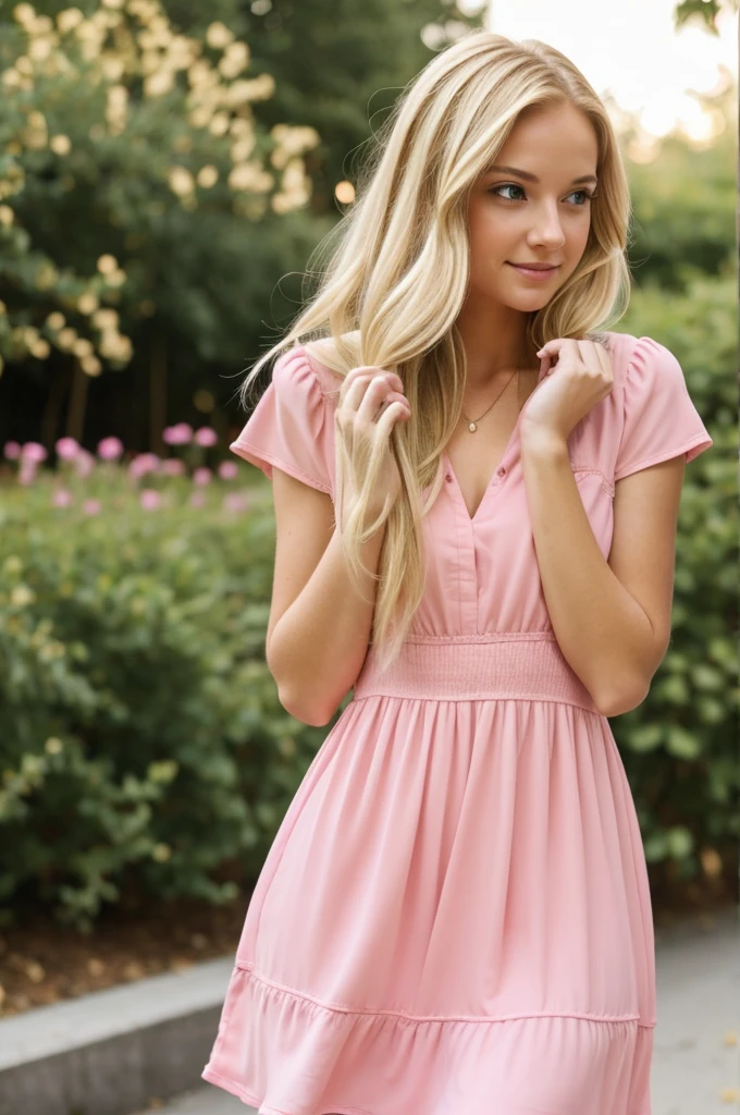 Girl with lush blond hair in a pink dress