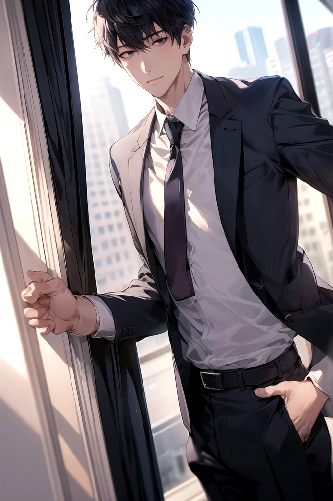 1boy, face focus, adult, business suit, jacket, white shirt, necktie, pants, best quality, hires, detailed face, office, buildings from window, detailed background, diffused sunlight, depth of field, bokeh