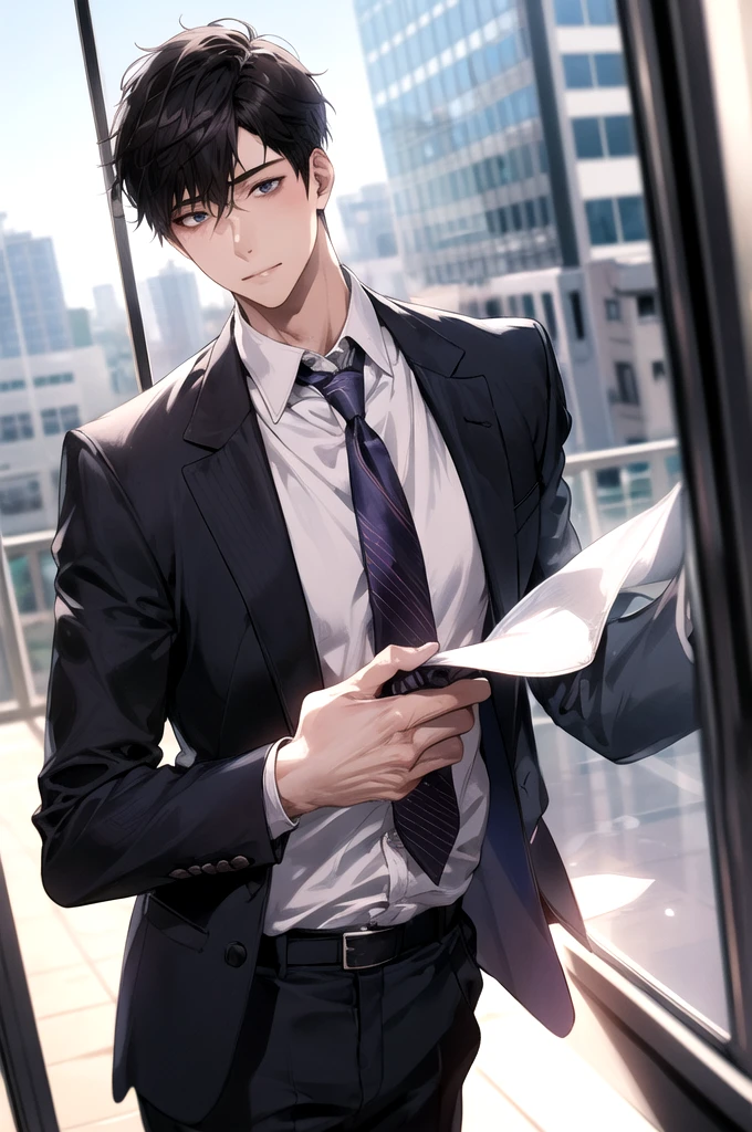 1boy, face focus, adult, business suit, jacket, white shirt, necktie, pants, best quality, hires, detailed face, office, buildings from window, detailed background, diffused sunlight, depth of field, bokeh