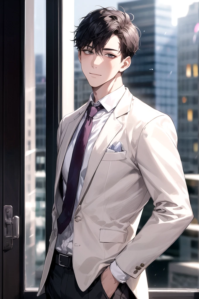 1boy, face focus, adult, business suit, jacket, white shirt, necktie, pants, best quality, hires, detailed face, office, buildings from window, detailed background, diffused sunlight, depth of field, bokeh