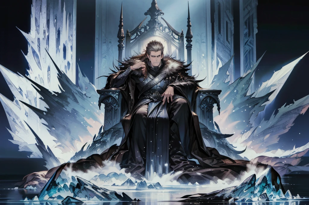   (Very detailed), (Masterpiece), (best quality), (wallpaper 8k Very detailed), Masterpiece,Very detailed,ice throne, Fantasy, Realistic photos, hyperrealism, Highly detailed, movie light, man wearing black armor,long black fur shawl((fur  black)) ,Face details, sharp details, black short hair, blue eyes,have muscles, handsome face,
,a man in black armor sitting on an white ice throne, detailed face and muscles, long black fur shawl((fur black)) , sharp details, fantasy, realistic, hyperrealism, movie lighting, 8k, best quality, masterpiece,snow, ice, ice throne, spiky throne, crystal throne, sitting