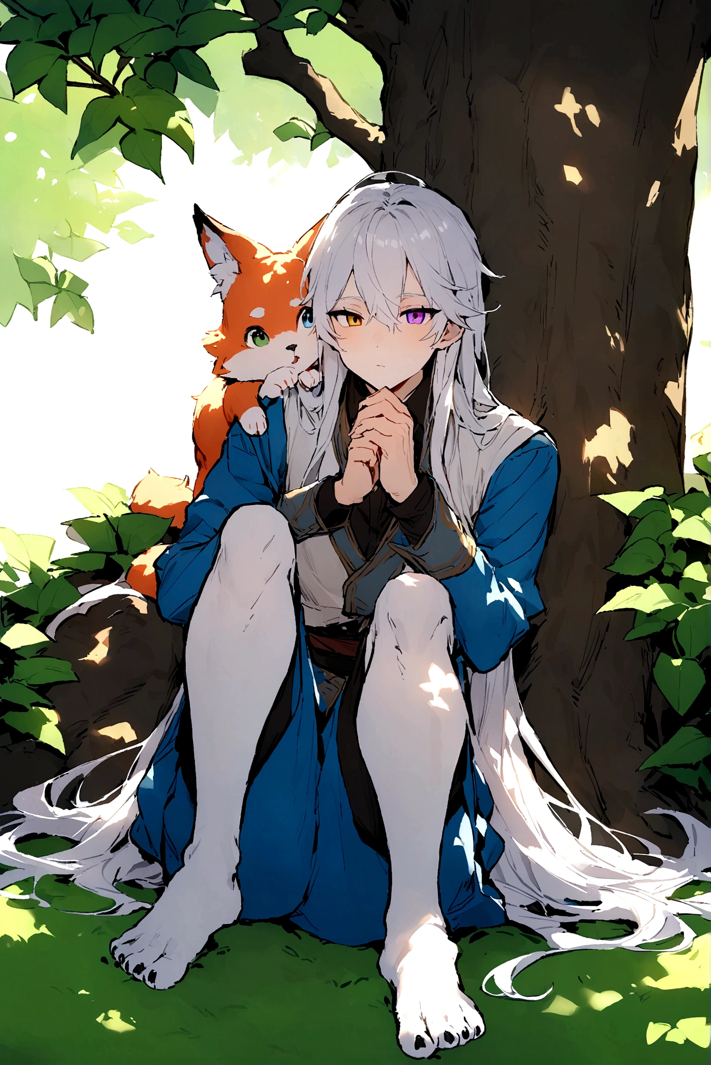 high quality,HD,Foxes,White Hair,Long hair,furry,Heterochromia(Blue,Light purple),Summer,Behaving Nobly,Lazy temperament,Handsome,Rest under the tree,Sunshine on the face,Gentle personality,male