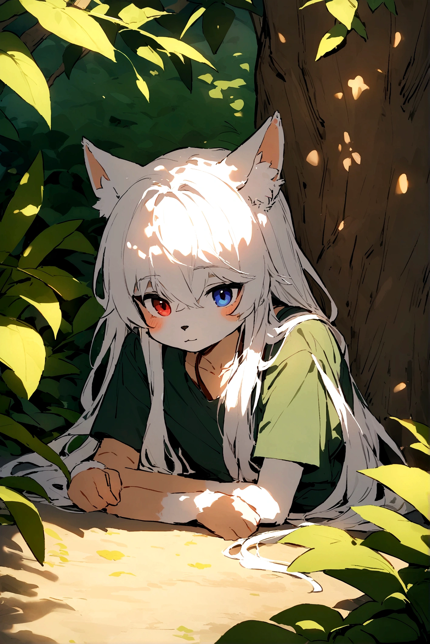 high quality，HD，Foxes，White Hair，Long hair，furry，Heterochromia（Blue，Light purple），Summer，Behaving Nobly，Lazy temperament，Handsome，Rest under the tree，Sunshine on the face，Gentle personality，male