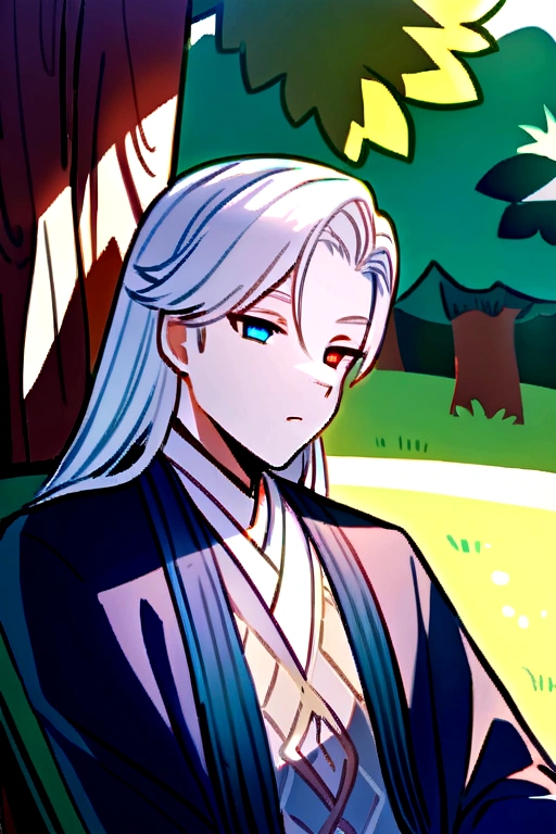high quality,HD,Foxes,White Hair,Long hair,furry,Heterochromia(Blue,Light purple),Summer,Behaving Nobly,Lazy temperament,Handsome,Rest under the tree,Sunshine on the face,Gentle personality,male