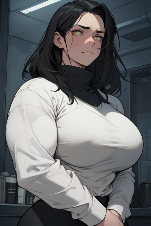 sad girl muscular muscular muscular breasts breasts breasts thick thick thick thick black hair yellow eyes pale skin pale skin thick thick thick long sleeve dark atmosphere thick thick thick thick thick thick muscular simple background sad sad sad sad tigth shirt