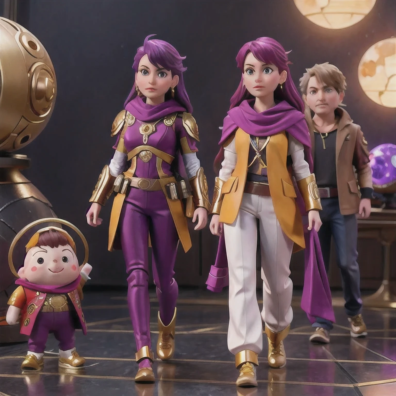 Close up of purple and gold toys, Super detailed fantasy characters, Science Fiction Characters render, detailed humanoid, Star Pathfinder Characters, Science Fiction Characters, Science Fiction Characters, humanoid character, very detailed character, Color Rendering, 3D Rendering Character Art 8K, Alien Armor, safi'jiiva armor, Marmoset Rendering