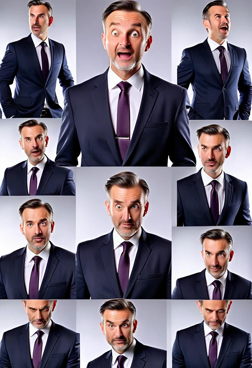 A middle-aged European man in a modern business suit portrayed in various facial expressions and poses from different angles of his head from front to back view across 6 panels with isolated backgrounds, photography. Professional color grading with soft shadows, professional studio lighting