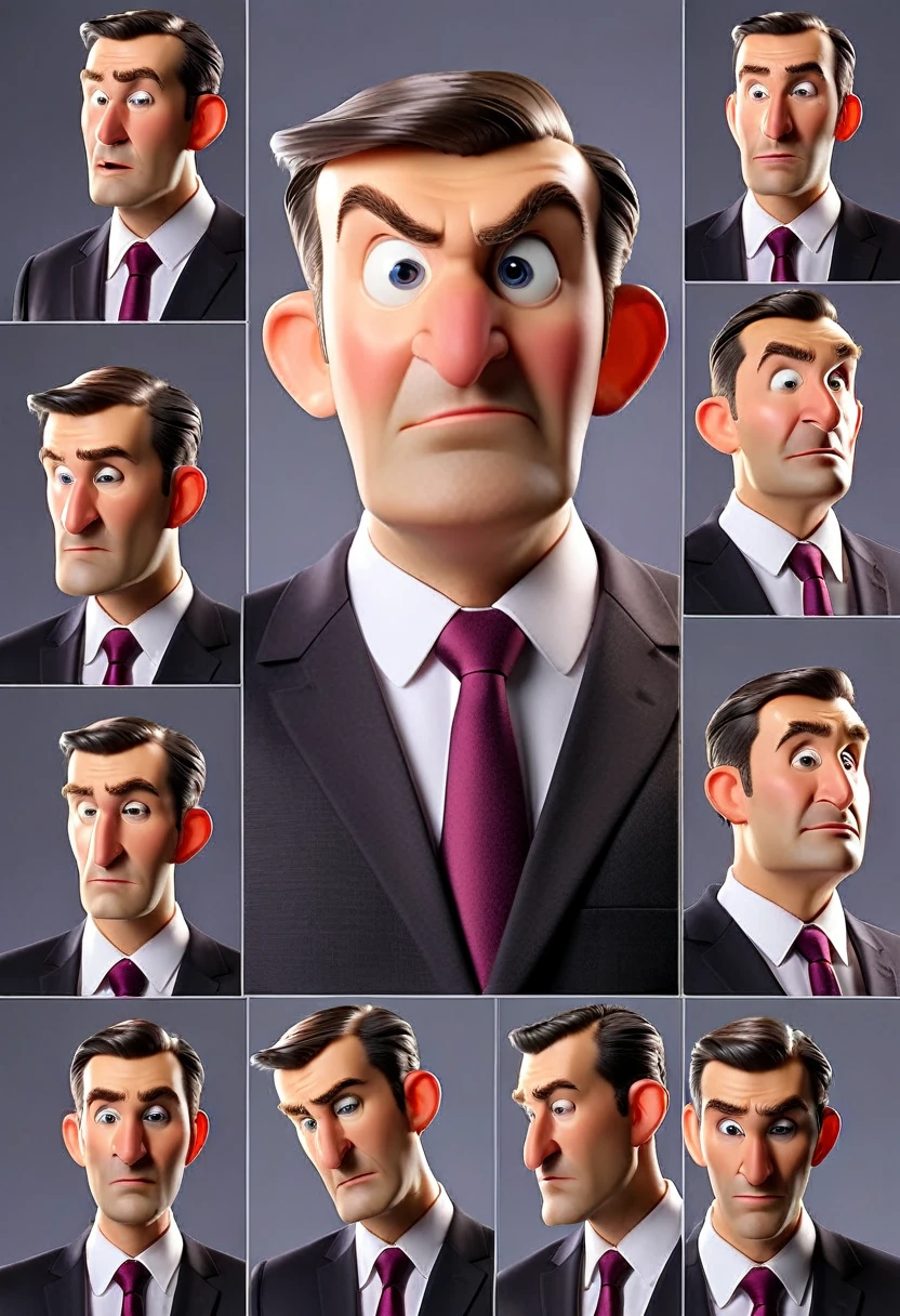 A middle-aged European man in a modern business suit portrayed in various facial expressions and poses from different angles of his head from front to back view across 6 panels with isolated backgrounds, photography. Professional color grading with soft shadows, professional studio lighting
