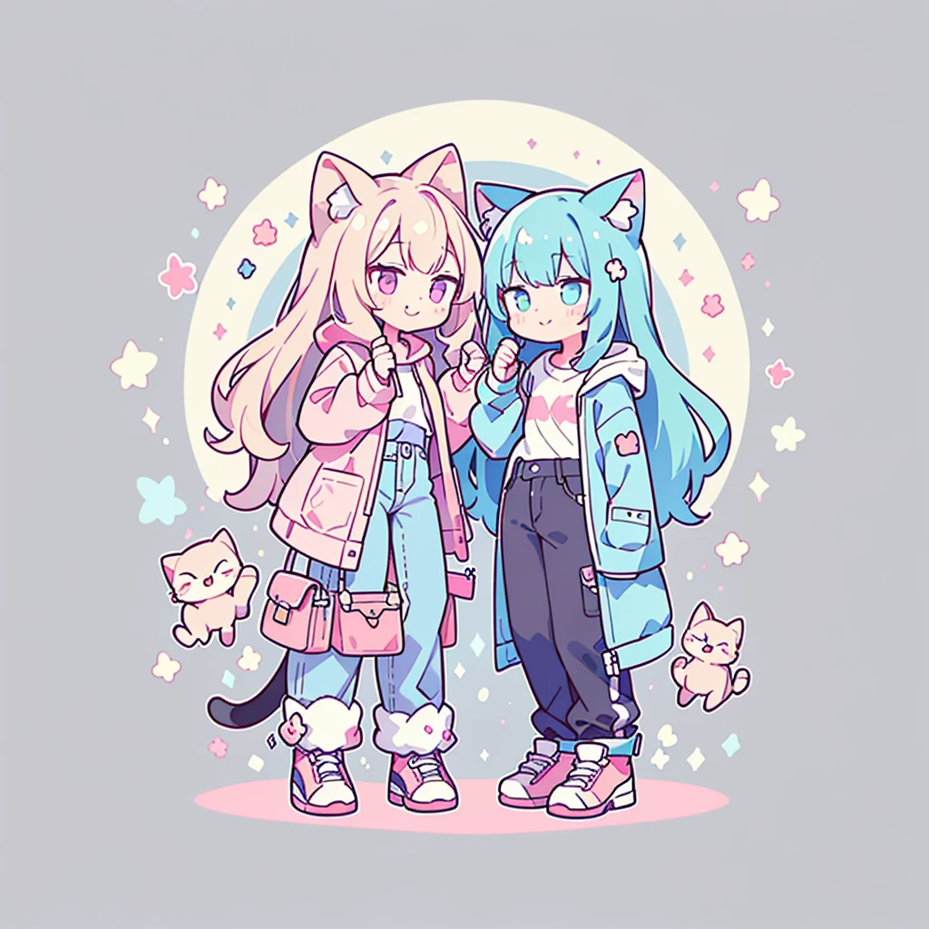 ((Highest quality，masterpiece，Extremely complex and exquisite details，A short girl with gray and blue cat ears and long hair is in the center，Gray blue super long straight hair，Curly hair at the ends，Sparse air bangs，Gray and pink T-shirt，Denim hooded cropped jacket，Black and gray long cargo pants，hands holding a cat))，(pink and white sneakers，Smile slightly，Surrounded by tons of cute short-legged cats，Correct anatomy)，Super Q super cute short full body portrait，Starry sky background vertical painting space scene