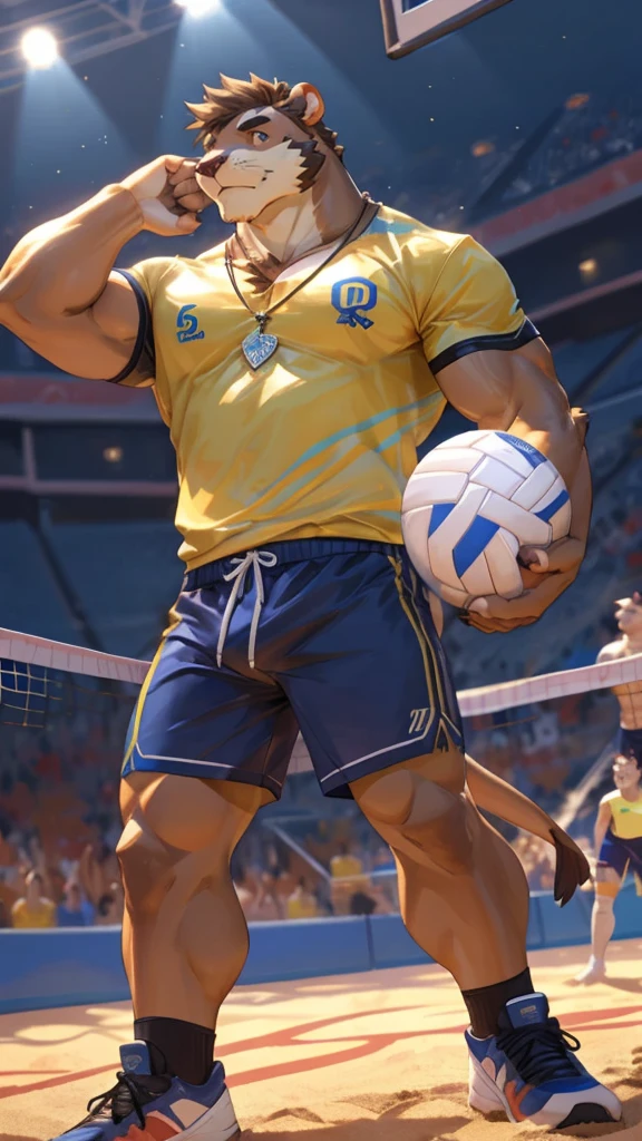 a male furry sea lion who is only wearing short shorts, has his body uncovered and is in a volleyball stadium as he is playing. He wears a necklace with a K pendant