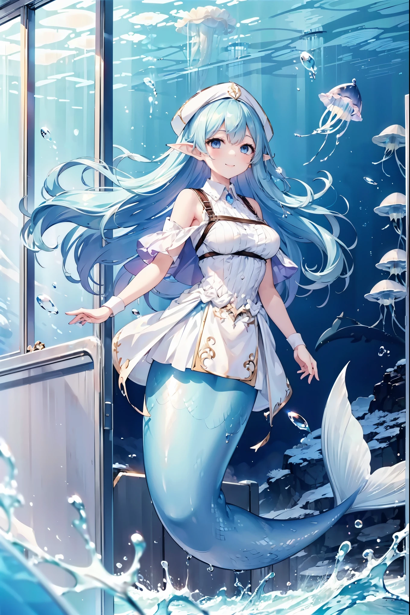 masterpiece, best quality,A girl,Blue Hair,White Dress,blue eyes, Elf ears,独奏,Large Breasts,Mermaid,蓝色的Mermaid尾巴,full-body shot,transportation facilities_against_window,blue theme, (in water:1.2), (air bubble:1.3), Inside the train, (surreal:1.2), (jellyfish:1.2), (whale:1.1),(fish:1.2),blurred foreground,charming face(Kawaii, charming,Soft),Looking at the audience,Smile