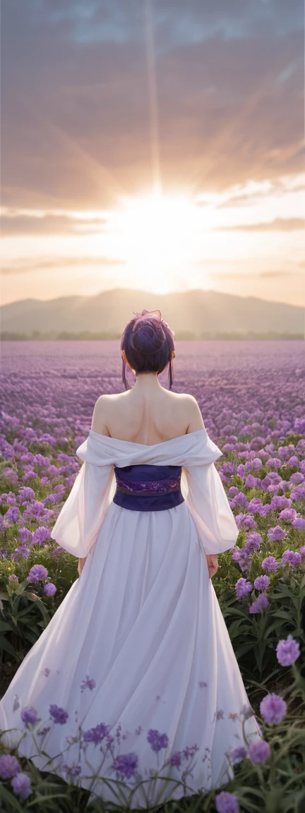realistic,score_9, score_8_up, score_7_up,
Ultra detailed backgrounds,delicate patterns,Complicated details,Kochou Shinobu,O cabelo multicolorido,No bangs,hair intakes,Purple eye,haori,butterflys,obi strip,trpical garden,purple flower,mostly cloudy sky,rays of sunshine,Tyndall effect,Gradient_sky,the face,beautiful sky,Saber on the waist,captivating posture,Large breasts,Off-the-shoulder attire