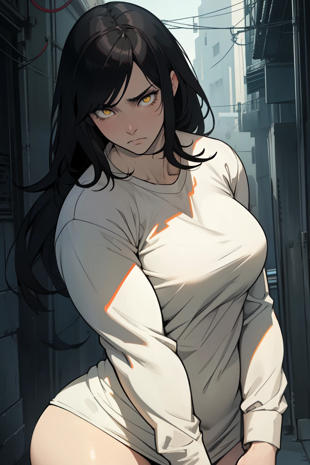 sad girl muscular muscular muscular breasts breasts breasts thick thick thick thick black hair yellow eyes pale skin pale skin thick thick thick long sleeve dark atmosphere thick thick thick thick thick thick muscular simple background sad sad sad sad tigth shirt