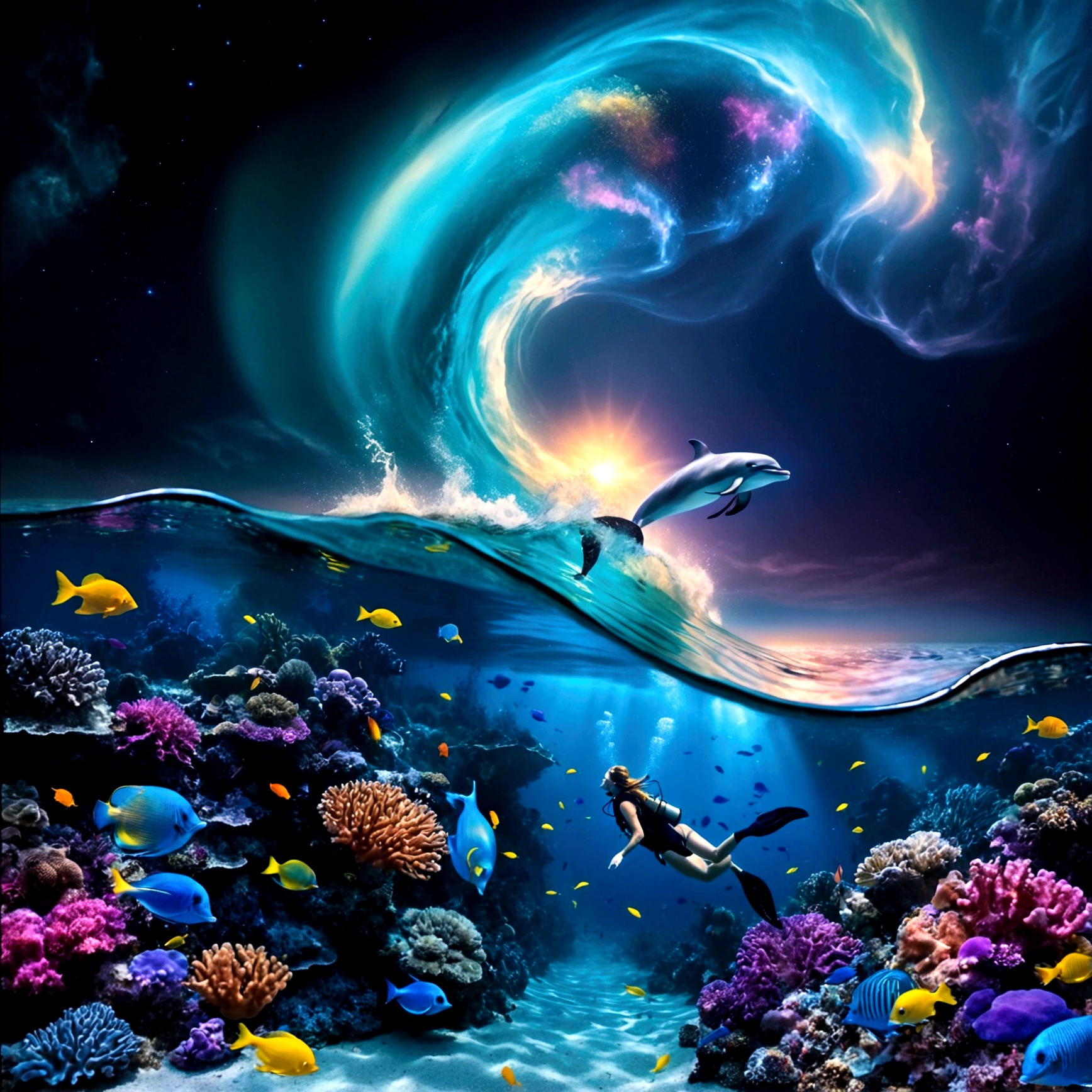 The image depicts a dreamlike and captivating underwater scene, where imagination meets reality. In the foreground, a diver explores the depths of a colorful coral reef, surrounded by small bioluminescent creatures that dance around her, leaving behind luminous trails. The tropical fish with pulsating lights and the vibrant corals of all colors enhance the brilliance of this underwater landscape. Bioluminescent orbs float in the water, emitting a soft blue light and creating mystical reflections.
As we move towards the water's surface, the composition transforms into a cosmic vision. A powerful wave breaks, revealing within its swirling crests a massive human eye, symbolizing divine observation. Just above this wave, a dolphin leaps gracefully, leaving behind a trail of stardust, connecting the sea and the starry sky. Ethereal bubbles reflecting the cosmic sky float gently around the underwater scene. The sky in the background is a blend of blue, violet, and golden hues, with a luminous moon that appears both near and far. The scene is enveloped in a shimmering mist, giving it an ethereal quality. This fusion of marine and celestial elements creates a surreal and poetic scene, inviting the viewer to dive into a waking dream where the boundaries between worlds blur.