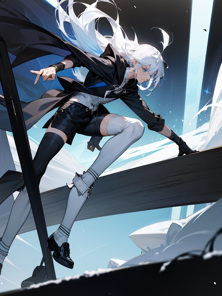 Modern style, A young male with long snow-white hair, blue eyes, and fair skin, wearing a black hood, black thigh-high shorts, white socks that go past the ankles, and black shoes with white laces, Modern city, night, dark alley, black cat, crows snatching food