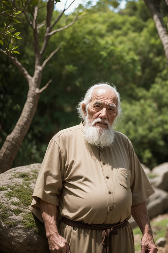 Natureza no fund, biblical elder, naturey (fund) desfocada, semi-blurred old man, film lighting. 